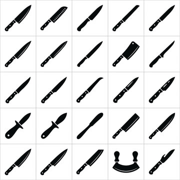 Collection of kitchen knives and cutlery icons isolated on white background