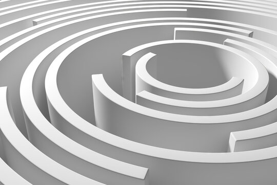 White circular maze labyrinth with concentric curved walls for abstract puzzle background and conceptual design composition .3d render