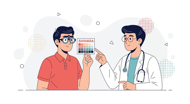Optometrist examines patient's color vision with Ishihara test, modern flat illustration