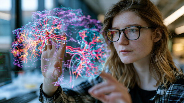 Biomedical engineering student touching the surface of a digital twin organ simulation display in a university research lab, holographic kidney model rotating under her fingertips, afternoon natural
