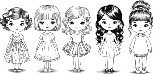 Chibi girl coloring page vector set, cute little girl characters with different hairstyles, hand drawn fashion doll sketches for kids activity book