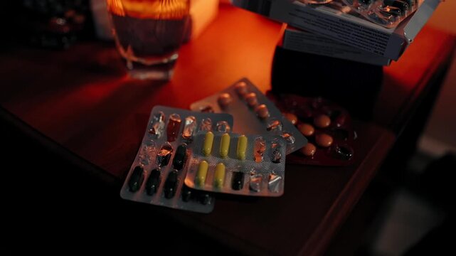 Medication blister packs and glass of water on bedside table near salt lamp.