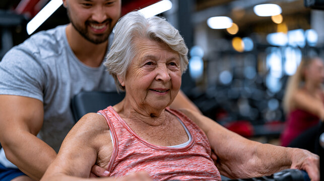 Certified personal trainer spotting elderly woman performing seated cable row aging muscle mass sarcopenia resistance training gym session clinical exercise prescription midday harsh overhead gym li