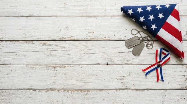Honoring heroes veterans day still life with american flag dog tags and patriotic ribbon