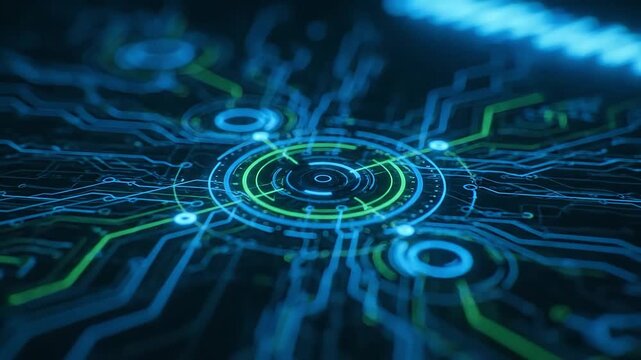 Futuristic circuit board design with glowing blue and green elements.