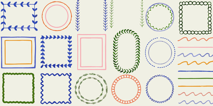 hand drawn borders in sketchy organic style frames shapes lines rectangles circles ovals decorative ornamental vector illustration pattern design graphic art