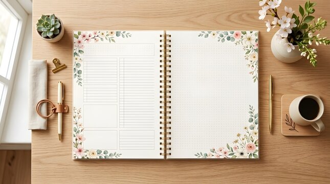 Open floral border planner on wooden desk with coffee and flowers in bright natural light