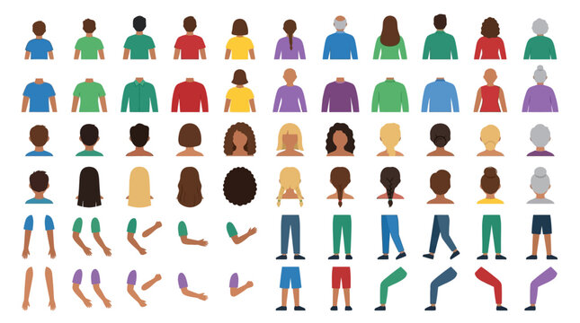 Flat vector character creator kit with diverse back view elements