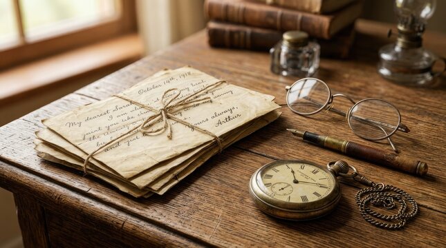 Veterans day remembrance vintage letters pocket watch and eyeglasses evoking historical military sentiment