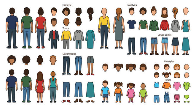 Cartoon character creator kit with diverse people and clothing