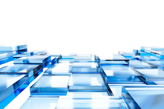 Blue glass cube abstract background with reflective transparent blocks for technology banner and corporate wallpaper design.3d render