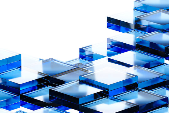 Stacked transparent blue glass square blocks with reflective surfaces for technology background and futuristic banner design.3d render