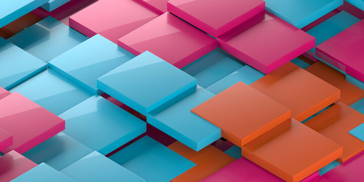 Colorful glossy overlapping squares and tiles in cyan magenta and orange for vibrant background and poster design .3d render