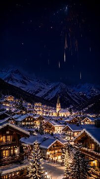 Fireworks over snowy mountain village at night