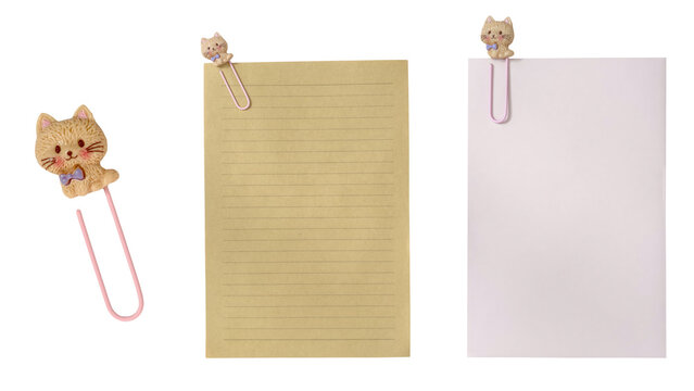 Set of cute cat paper clip bookmarks with blank paper sheets isolated on transparent background
