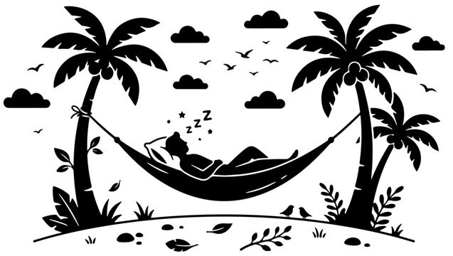 Peaceful silhouette of a person sleeping soundly in a hammock between palm trees on a tropical island.