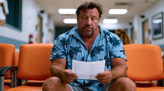 Forty-seven-year-old man sitting quietly in urologist waiting room staring at printed lab results testosterone decline male aging fatigue low libido clinical diagnosis moment candid unposed expressi