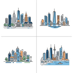 Fototapeta premium Colorful Illustrated City Skyline with Modern Buildings.