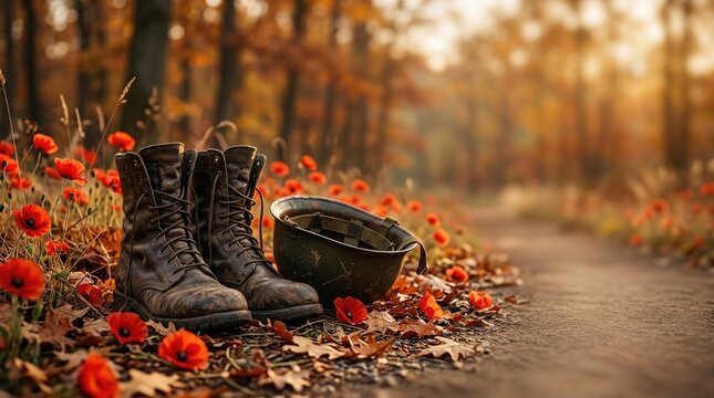 Veterans day remembrance military boots and helmet amidst red poppies honoring service and sacrifice