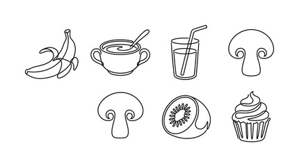 Healthy Food Line Art: Banana, Soup, Drink, Mushroom, Kiwi, Cupcake © excange