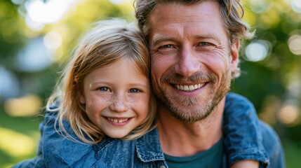 Fototapeta premium Joyful father and child smiling together outdoors in sunlit backyard