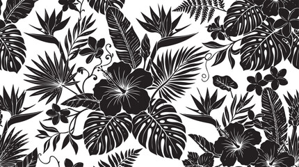 Black and white tropical seamless pattern, exotic hibiscus and monstera leaf botanical background, jungle foliage repeat print © RODLA