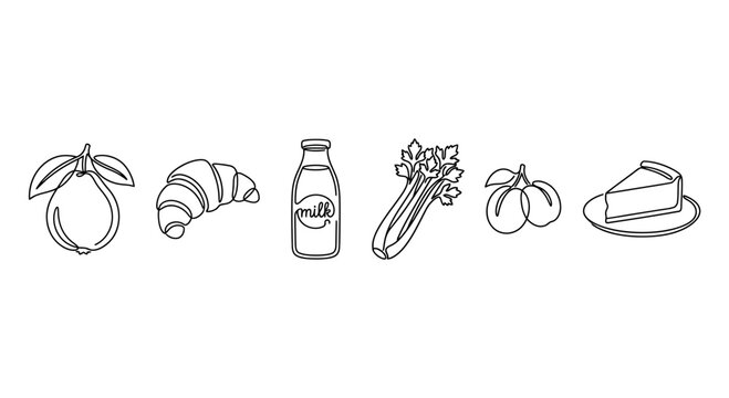 Hand-drawn Outline Food Icons: Fruit, Croissant, Milk, Celery, Plum, Cake Slice