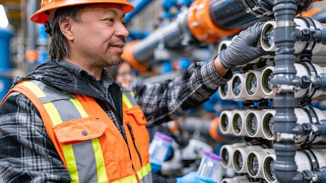 Microplastic filtration engineer inspects membrane filter cassettes at a municipal water treatment upgrade facility as water quality analysts collect effluent samples in sterile containers and micro