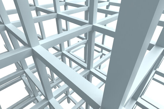 Interlocking structural grid of beams in white minimal framework for abstract background and architectural visualization .3d render