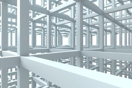 Structural cubic grid framework interior with repeating beams for background and architectural concept design visualization .3d render