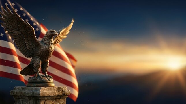 Veterans day tribute american eagle statue with usa flag at sunset