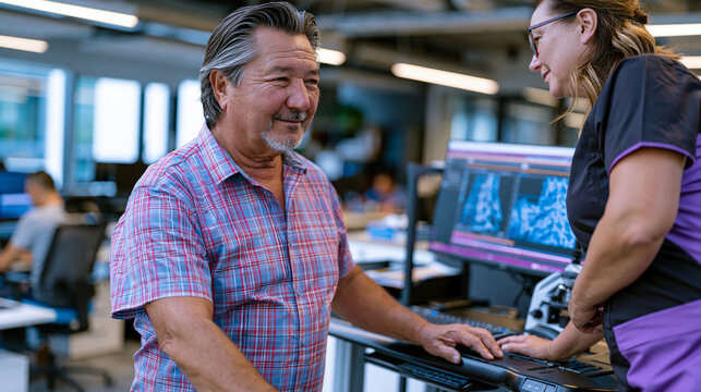 Occupational health nurse photographing ergonomic standing desk posture issues of office worker aged fifty-two spine alignment lumbar support aging musculoskeletal prevention workplace wellness asse