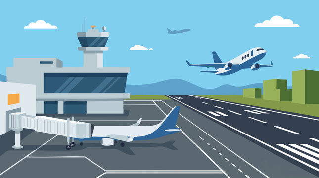 Flat design illustration of an airport with airplanes and control tower