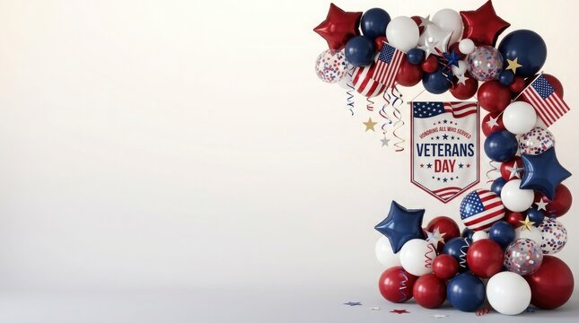 Veterans day patriotic celebration red white and blue balloon arrangement with american flag
