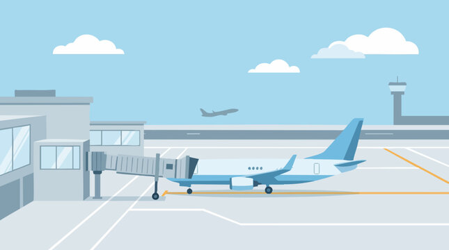 Flat design illustration of an airport with airplanes, terminal, and control tower