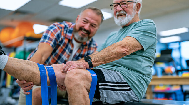 Physical therapist guiding seventy-year-old male patient through resistance band leg extension in rehabilitation gym sarcopenia muscle mass aging prevention session overhead harsh fluorescent lighti