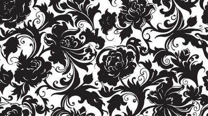 Black and white floral damask seamless pattern, elegant vintage botanical wallpaper background, ornate scroll repeat print © RODLA