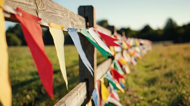 Colorful festive ribbons tied along a wooden fence in a sunny outdoor field setting
