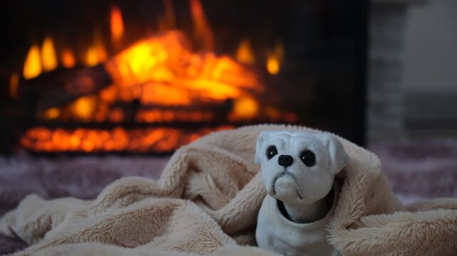 Cute dog toy with shaking head under a wrapping blanket close to fireplace. Its worried eyes tell a silent story of discomfort, energy poverty and household hardship. Cost of Living, economy