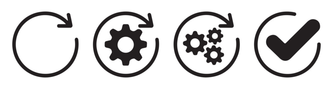 Set of cycle arrows with gear icons and checkmark symbol for loading status or system process UI design.