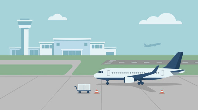 Minimalist airport illustration with aircraft, control tower, and terminal