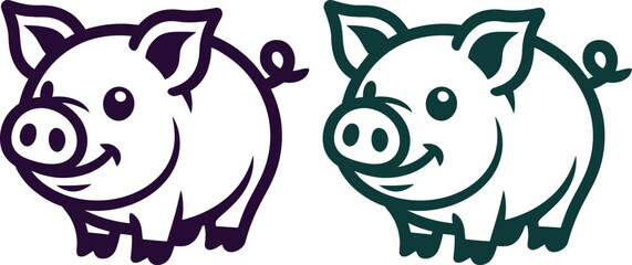 Cute pig cartoon vector set, smiling farm animal character icons, minimalist line art piglet illustrations for children's branding and logos © yamin678