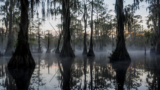 Misty Sunrise Over Flooded Cypress Swamp with Reflections and Fog