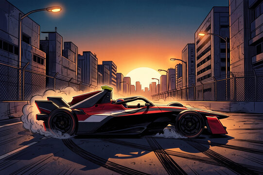 Formula race car performing a burnout between city buildings
