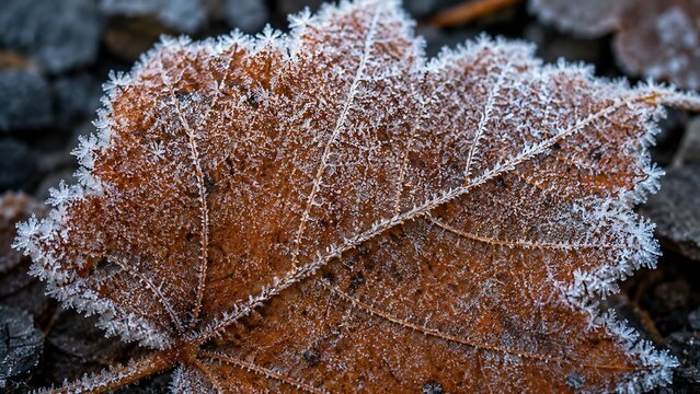 Frosted Brown Autumn Leaf Close Up with Delicate Ice Crystals on Textured Surface