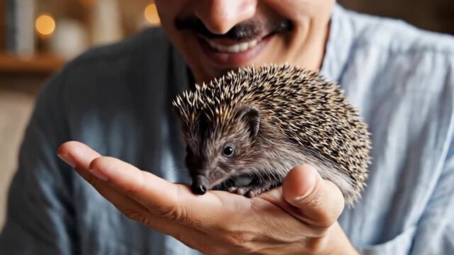 Smiling adult man gently cradles small hedgehog in cupped hands, with finger reaching toward spines. Warm indoor light, soft blur, tight closeup, calm domestic mood, natural skin tones