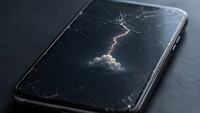 Cracked Smartphone Screen Displaying Stormy Sky with Lightning Close Up