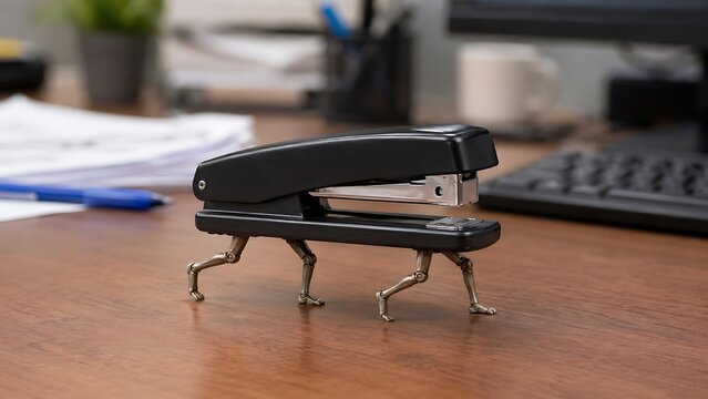 Close up of realistic black robotic insect on wooden desk with computer setup
