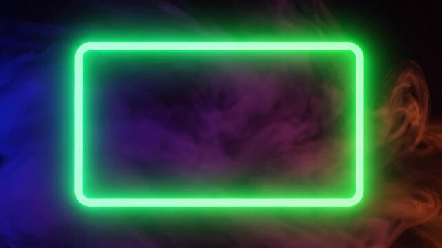 A glowing neon rectangle surrounded by colorful smoke.
