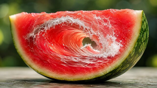 Close up slice of fresh juicy watermelon with green rind on wooden surface in natural light